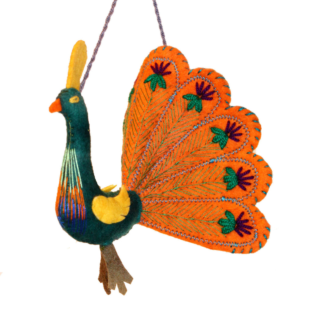 Orange Peacock Felt Holiday Ornament - Silk Road Bazaar (O)