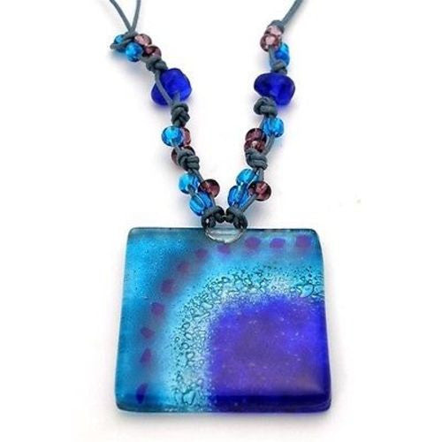 Blue Margarita Translucent Square Fused Glass Pendant Necklace - Tili Glass
