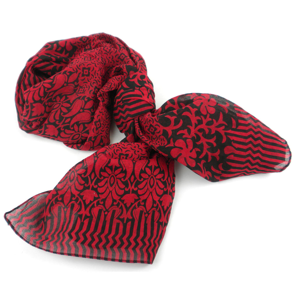 Deep Red and Black Floral Cotton Scarf - Asha Handicrafts