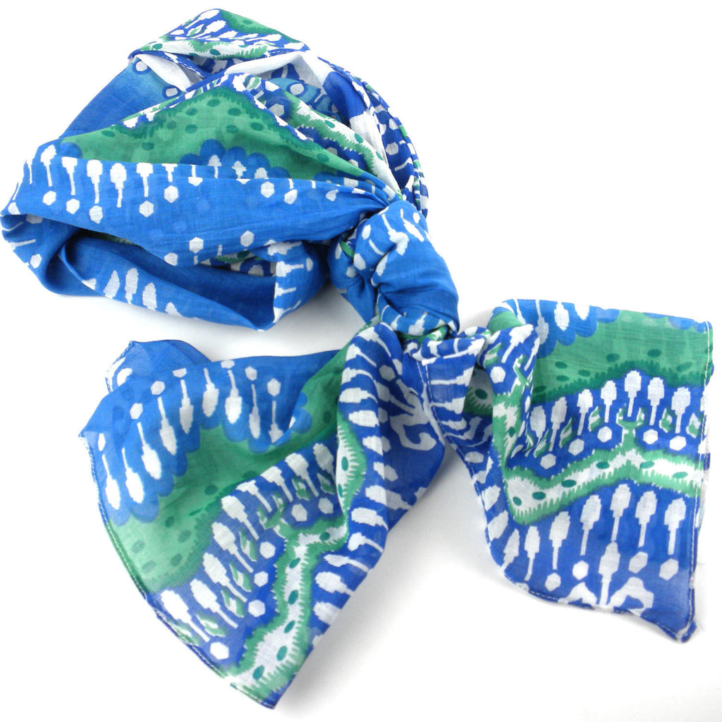 White and Blue Ikat Cotton Scarf - Asha Handicrafts