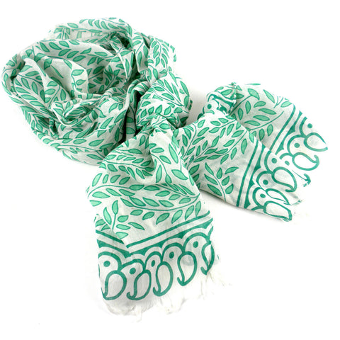 Leaves and Paisley Design  Cotton Scarf with Fringe - Asha Handicrafts
