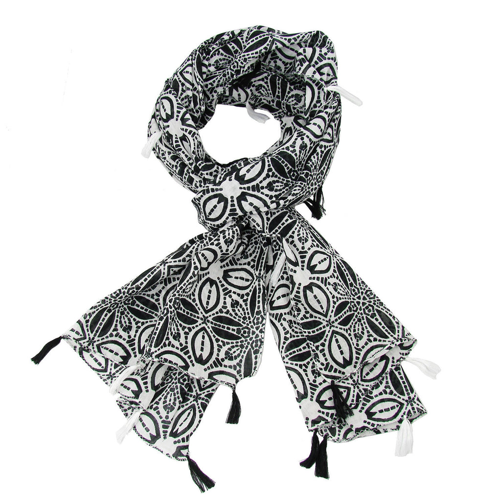Black and White Symmetry Scarf with Tassels - WorldFinds (S)