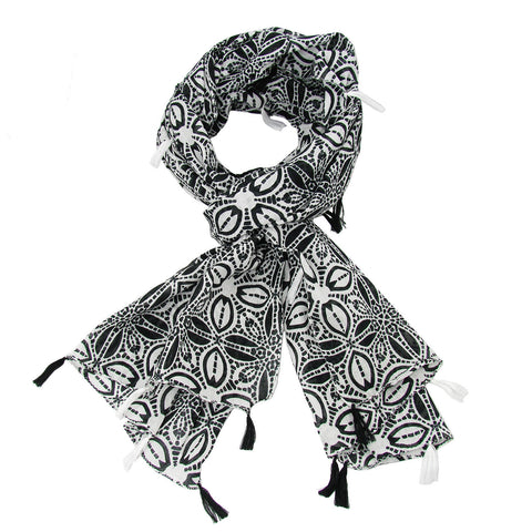 Black and White Symmetry Scarf with Tassels - WorldFinds (S)