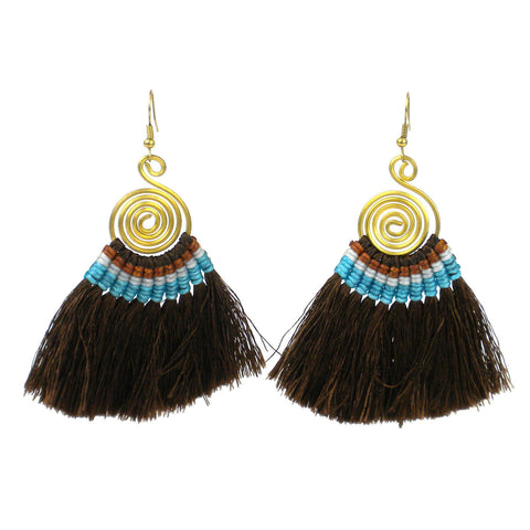 Tribal Spiral Tassel Earrings - Chocolate - Global Groove (J)