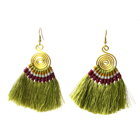 Tribal Spiral Tassel Earrings - Olive - Global Groove (J)