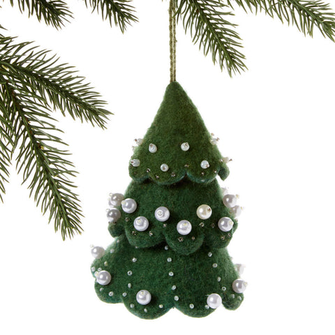 Green Felt Tree Ornament with White Beads - Silk Road Bazaar (O)