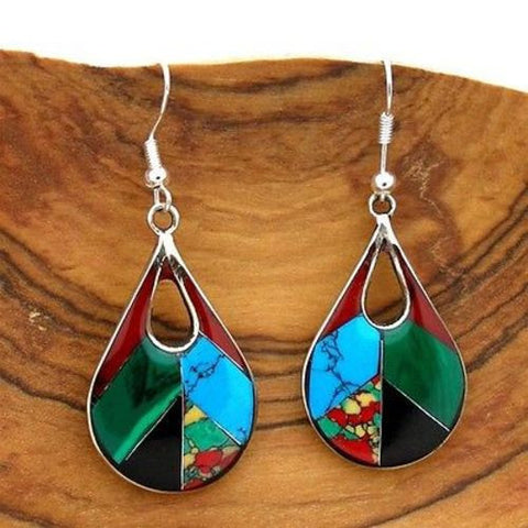 Open Alpaca Silver Teardrop Diagonal Mosaic Stone Earrings - Artisana
