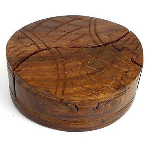 Handcrafted Sheesham Wood Round Fish Puzzle Box - Noahs Ark