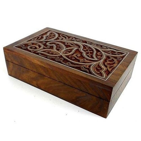 Handcrafted Carved Sheesham Wood Box with Pewter Inlay - Noahs Ark (B)