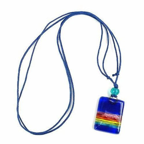 Deep Blue Rainbow Fused Glass Pendant Necklace - Tili Glass
