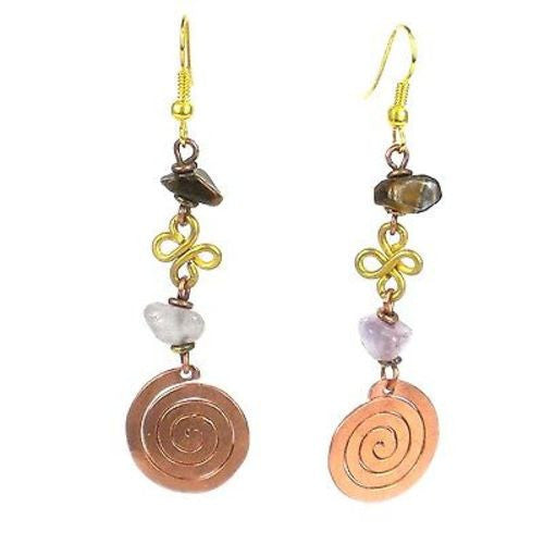 Handcrafted Copper, Brass, and Agate Earrings with Copper Swirl - Zakali Creations