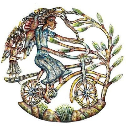 Angels on Bicycle Hand Painted 24-inch Metal Wall Art - Croix des Bouquets