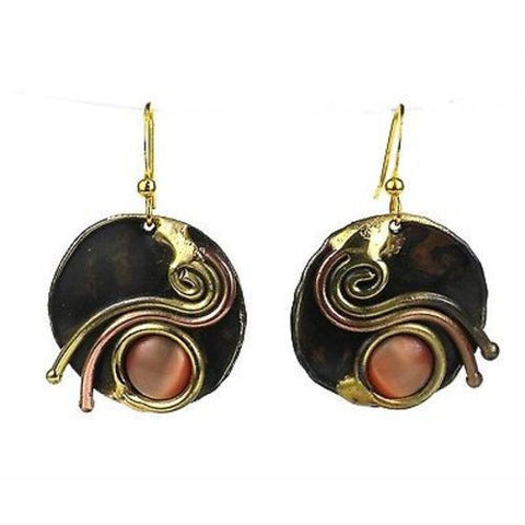 Peach Tiger Eye Swirl Earrings - Brass Images (E)