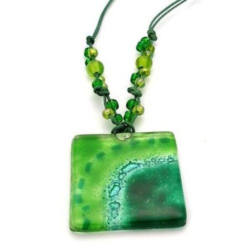 Emerald Sun Translucent Square Fused Glass Pendant Necklace - Tili Glass