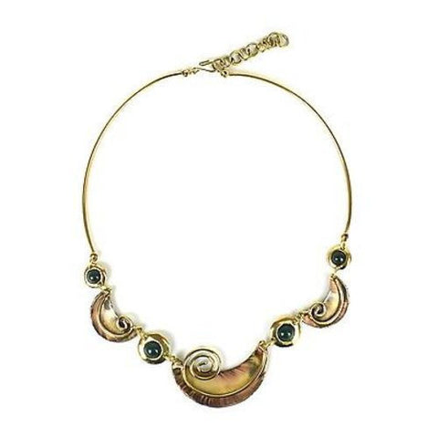 Crescent and Green Stone Brass Necklace - Brass Images (N)