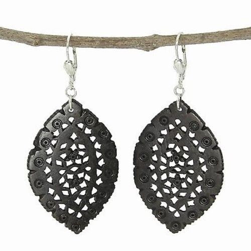 Lacy Leaf-Shaped Carved Bone Earrings - Black - WorldFinds