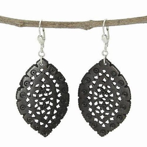 Lacy Leaf-Shaped Carved Bone Earrings - Black - WorldFinds