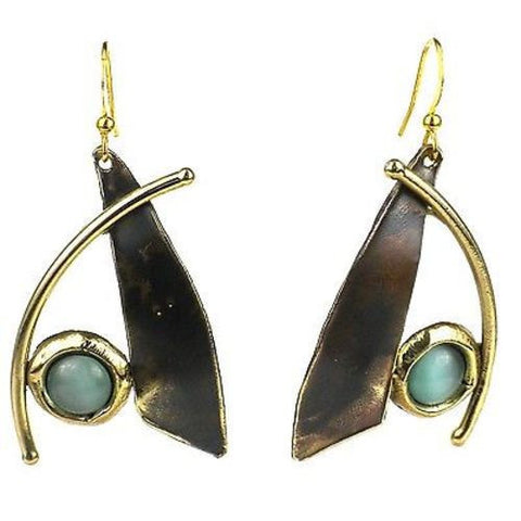 Blade and Aqua Tiger Eye Brass Earrings - Brass Images (E)