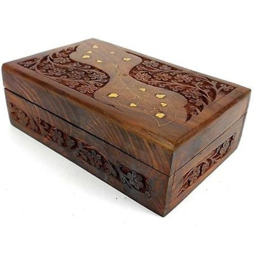 Handcrafted Carved Sheesham Wood Box with Brass Inlay - Noahs Ark (B)