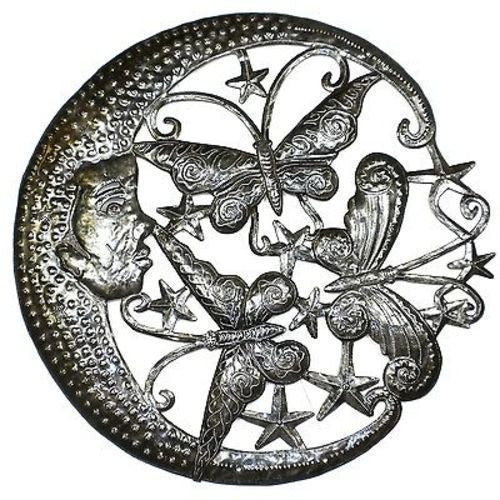Moon and Butterflies Metal Wall Art 24-inch Diameter - Croix des Bouquets
