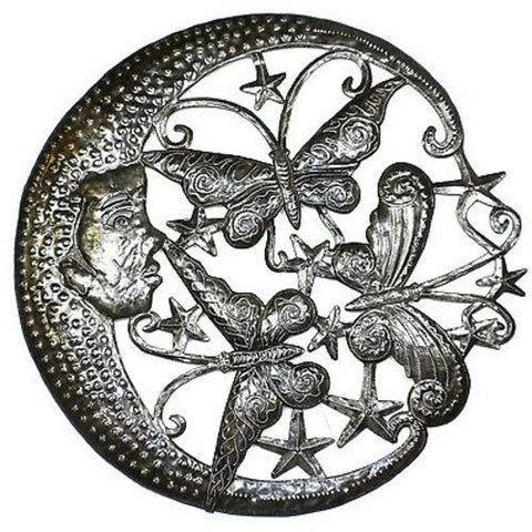 Moon and Butterflies Metal Wall Art 24-inch Diameter - Croix des Bouquets
