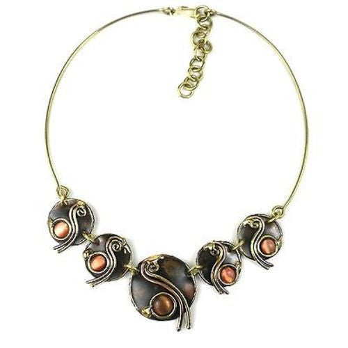 Peach Tiger Eye Swirl Brass Necklace - Brass Images (N)