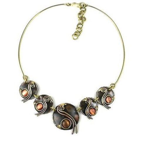 Peach Tiger Eye Swirl Brass Necklace - Brass Images (N)