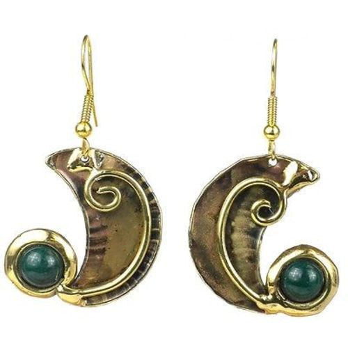 Crescent and Green Stone Earrings - Brass Images (E)