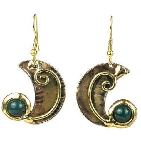 Crescent and Green Stone Earrings - Brass Images (E)