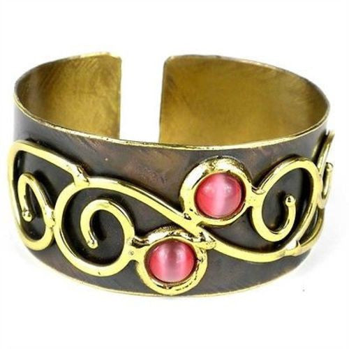 Pink Tiger Eye and Scroll Brass Cuff - Brass Images (C)
