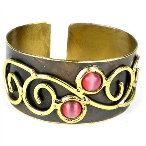 Pink Tiger Eye and Scroll Brass Cuff - Brass Images (C)