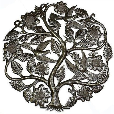 Tree of Life with Flowers Metal Wall Art 24-inch Diameter - Croix des Bouquets
