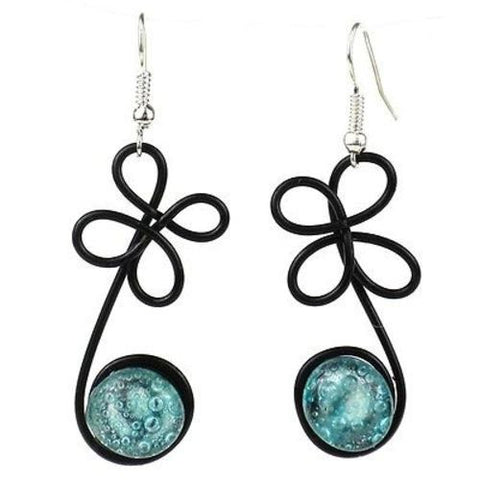 Enameled Wire and Aqua Glass Bead "Sprout" Earrings - Chilean