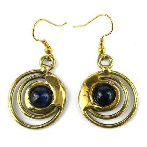 Concentric Dark Blue Tiger Eye Brass Earrings - Brass Images (E)