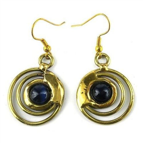 Concentric Dark Blue Tiger Eye Brass Earrings - Brass Images (E)