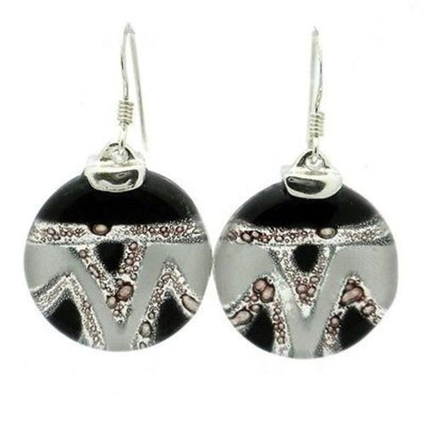 Aztec Black and White Round Glass Sterling Silver Earrings - Tili Glass