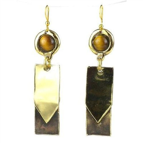 Golden Tiger Eye To the Point Brass Earrings - Brass Images (E)