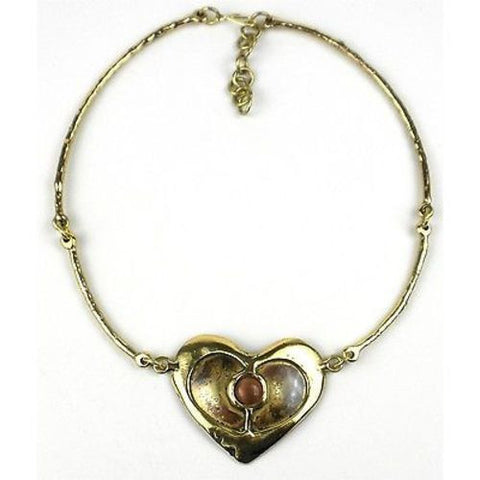 Peach Tiger Eye Brass Heart Necklace - Brass Images (N)