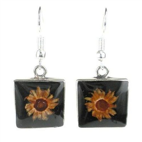 Small Square Nahua Flower and Alpaca Silver Earrings - Artisana