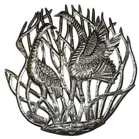 Two Cranes in Reeds Metal Wall Art 24-inch Diameter - Croix des Bouquets