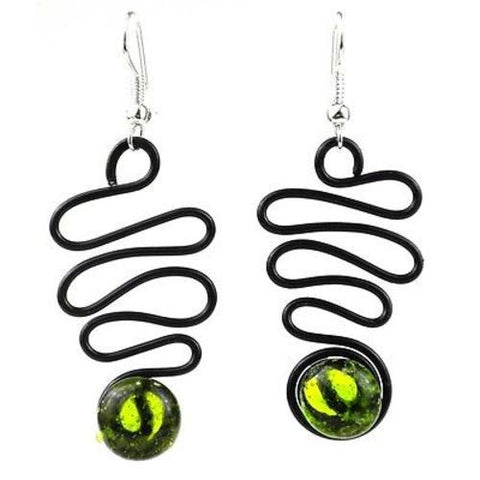 Enameled Wire and Green Glass Bead "Lombard" Earrings - Chilean