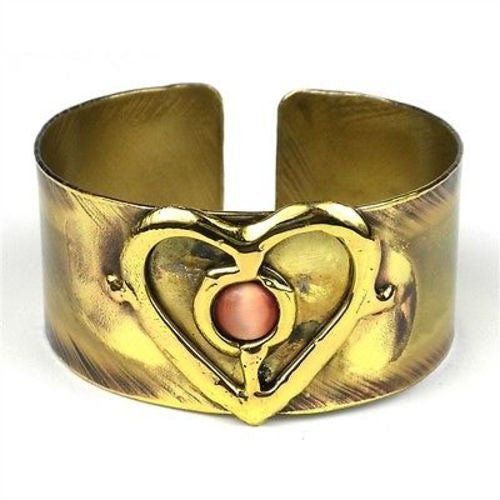 Peach Tiger Eye and Brass Heart Cuff - Brass Images (C)