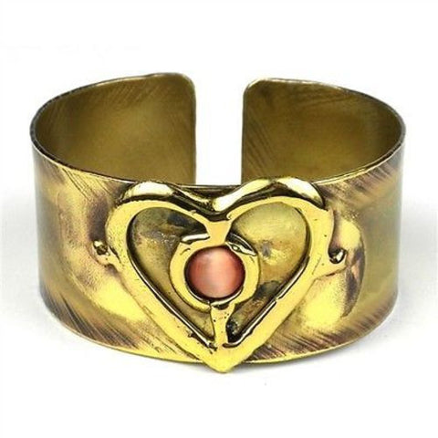 Peach Tiger Eye and Brass Heart Cuff - Brass Images (C)