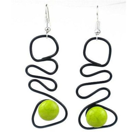 Enameled Wire and Green Glass Bead "Abstract" Earrings - Chilean