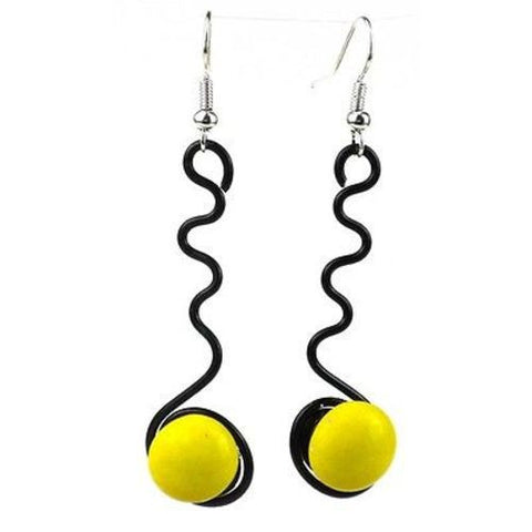 Enameled Wire and Yellow Glass Bead "Squiggle" Earrings - Chilean