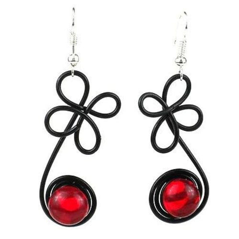 Enameled Wire and Red Glass Bead "Sprout" Earrings - Chilean