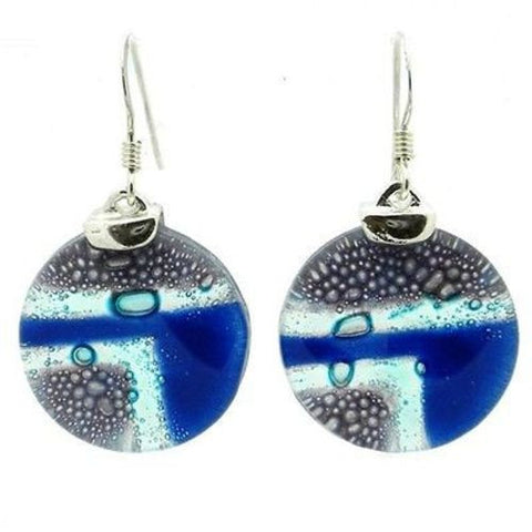 Blue Highway Round Fused Glass Earrings with Sterling Silver - Tili Glass
