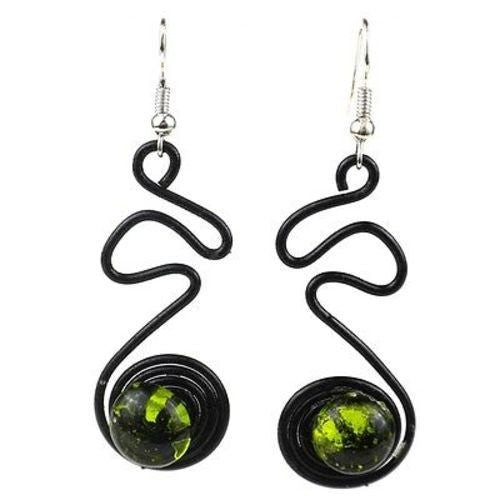 Enameled Wire and Green Glass Bead "Doodle" Earrings - Chilean