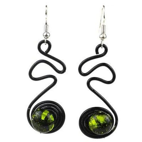 Enameled Wire and Green Glass Bead "Doodle" Earrings - Chilean