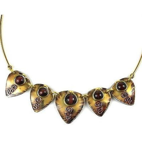 Earthy Red Tiger Eye Guitar Pick Brass Necklace - Brass Images (N)